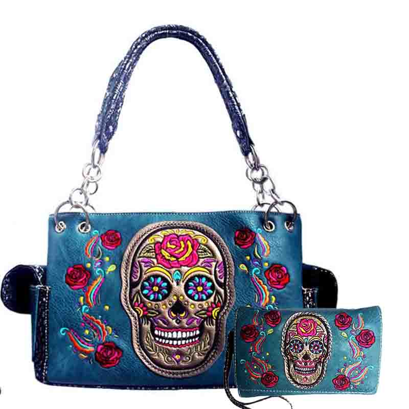 Turquoise Premium Skull Concealed Embroidery Bag Set - G939SUK-D - Click Image to Close